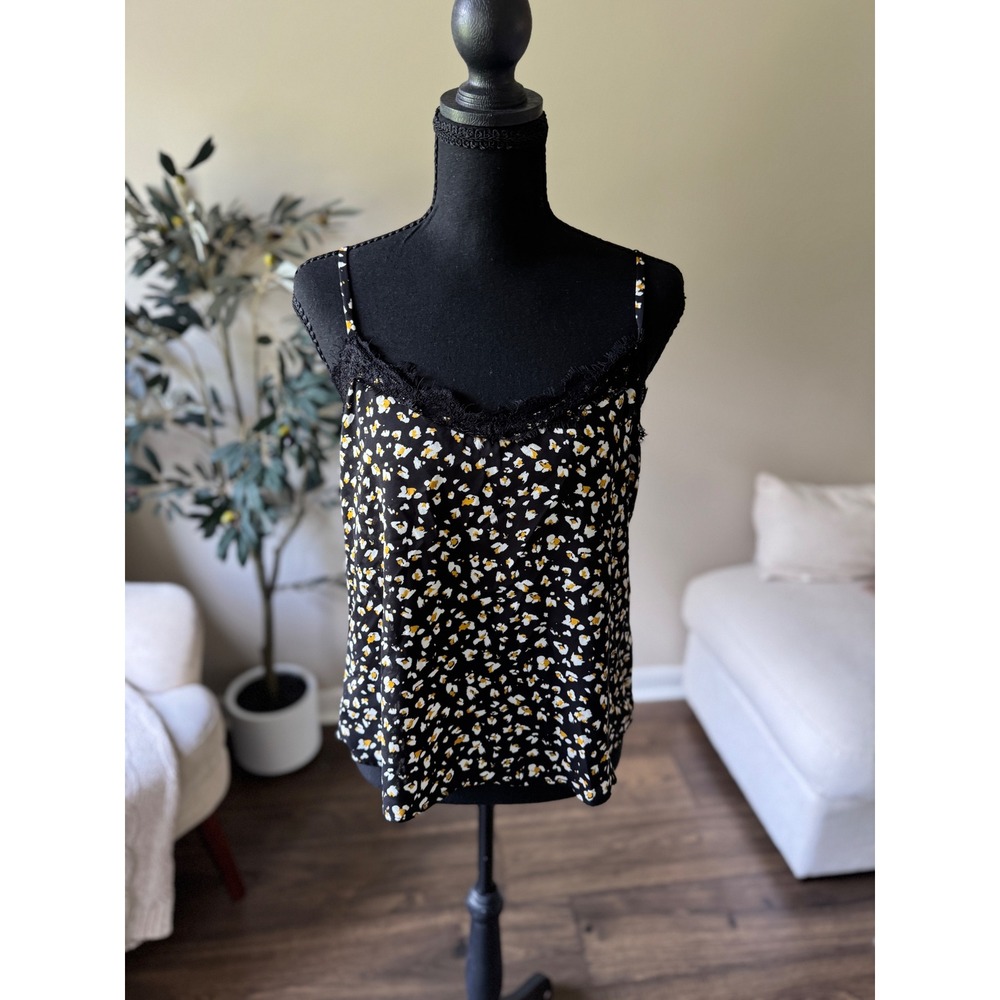 Altar'd State Black Floral Lace Trim Cami Strappy Back Tank Top Small